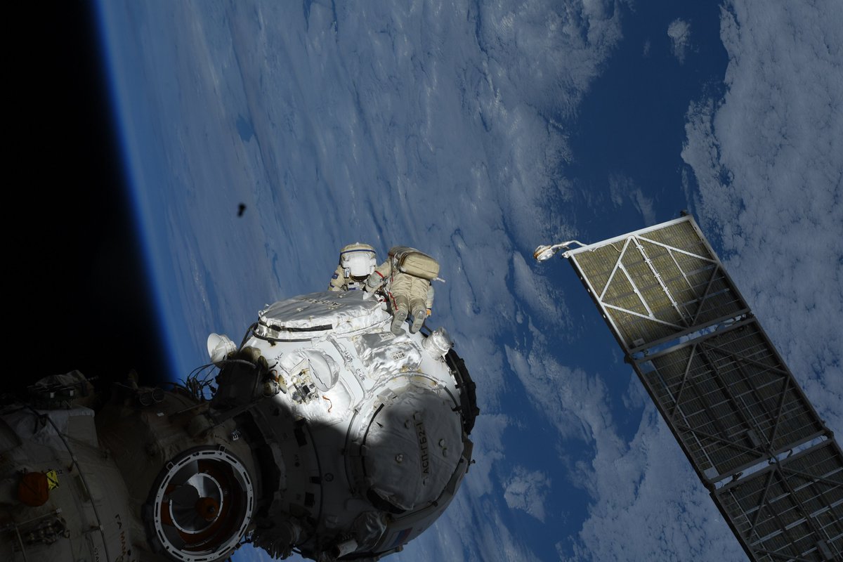 Astro_Sabot's tweet photo. Russian EVA is in progress as I’m typing this. Super proud to be able to help Petr and Anton get suited up this morning! https://t.co/bNMPqKzlO3