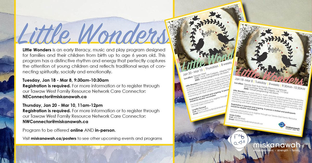Miskanawah's tweet photo. Little Wonder
Join us for an early literacy, music & play program designed for families & their children!
Tuesday, Jan 18 - Mar 8, 9:30-10:30am
NEConnector@miskanawah.ca
Thursday, Jan 20 - Mar 10, 11am-12pm
NWConnector@miskanawah.ca
#miskanawah #childrenprograms #music #yycevents https://t.co/nLH1Gizfgp