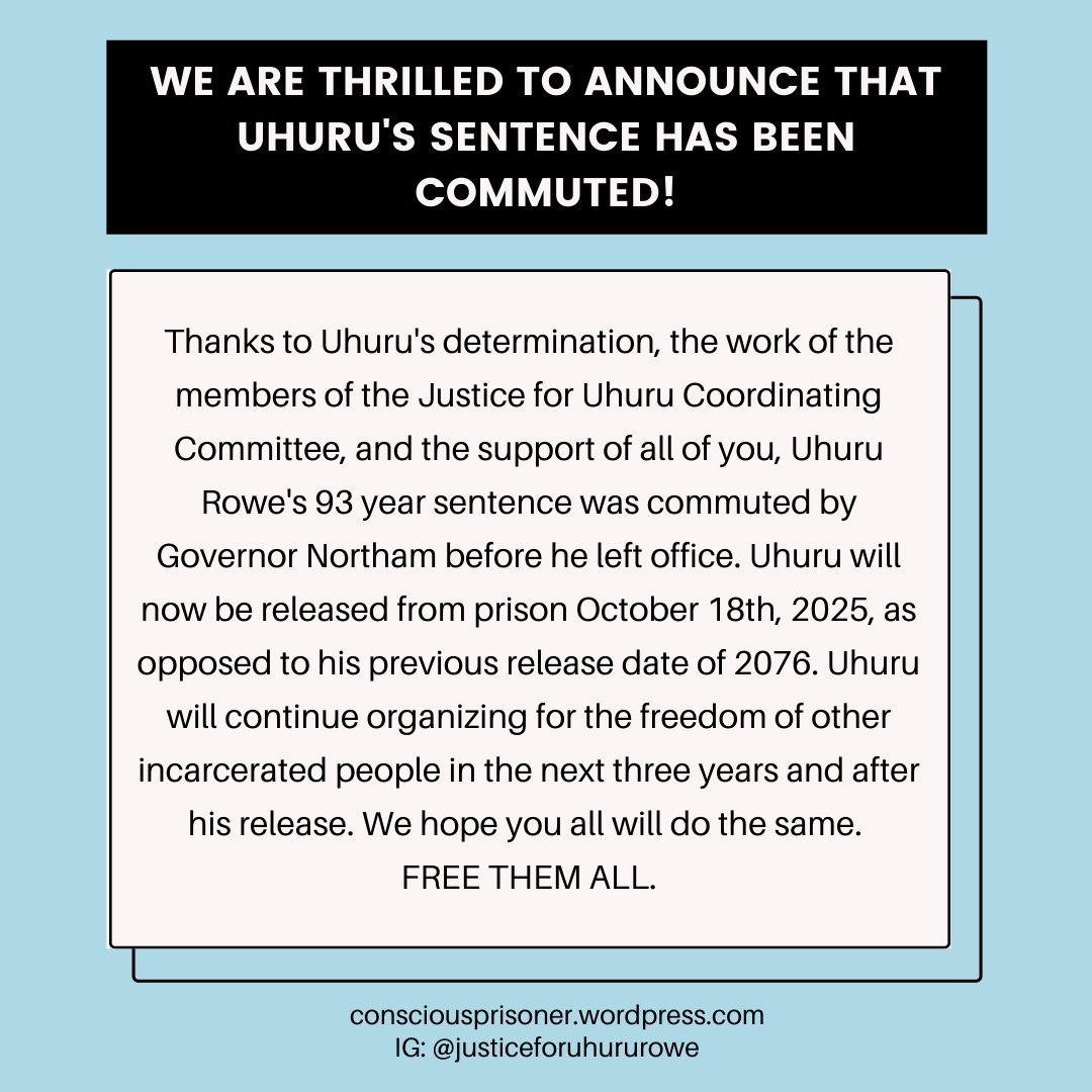 JusticeForUhuru's tweet photo. We are thrilled to announce that Uhuru's sentence has been commuted! Thank you all for your support. https://t.co/mVXKzkSm0D