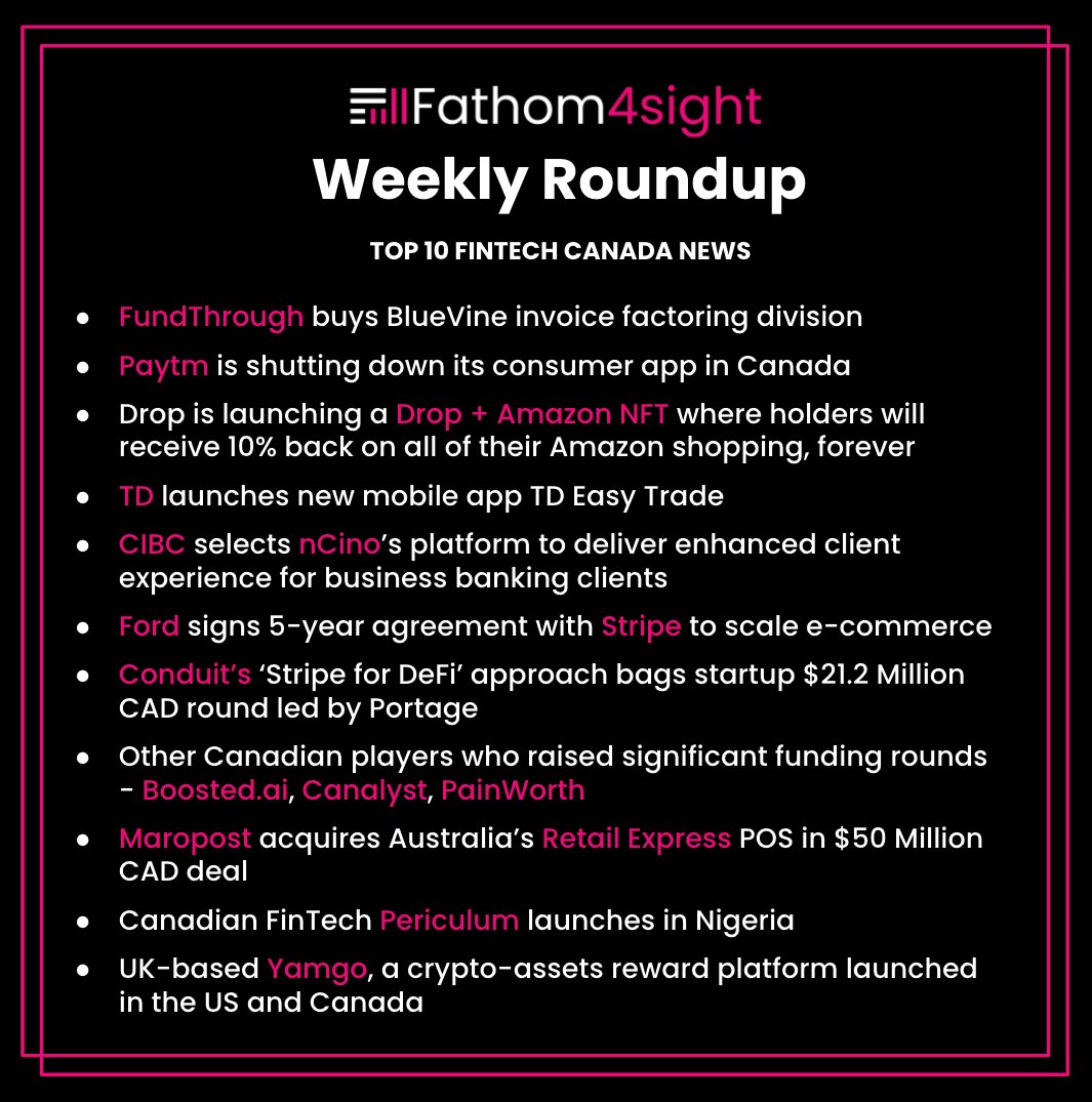 The past week has seen a lot of activity in the Canadian FinTech space, here's a quick snapshot from us. If you haven't yet, do subscribe to our weekly newsletter to stay on top of FinTech activity - fathom4sight.com