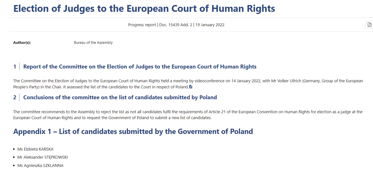 danutahuebner's tweet photo. Komitet Rady Europy ds. Wyboru Sędziów do Europejskiego Trybunału Praw Człowieka zarekomendował Zgromadzeniu Parlamentarnemu Rady Europy odrzucenie listy kandydatów na stanowisko sędziego #ETPCz, przedłożonej przez polski rząd. Nie wszyscy kandydaci spełniają wymogi art. 21 #EKPC https://t.co/VHJ9wSSF09