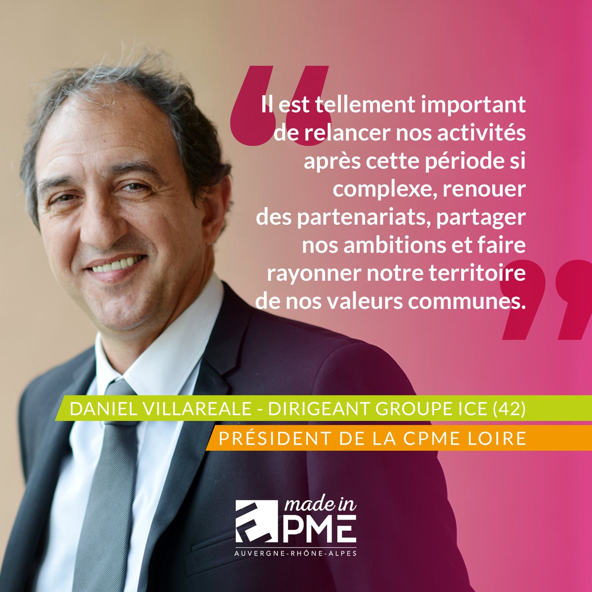🟢  LE MOT DU JOUR

👉 Dirigeant du Groupe ICE et Président de la <a href="/CPME42/">CPME Loire</a>, <a href="/Dan_Villareale/">Daniel Villareale</a>   👈

#MADEINPME est "un moment unique pour nous retrouver entre #dirigeants afin de faire connaitre nos savoir-faire dans une ambiance conviviale."

#Soon #BusinessEvent #CPMELoire