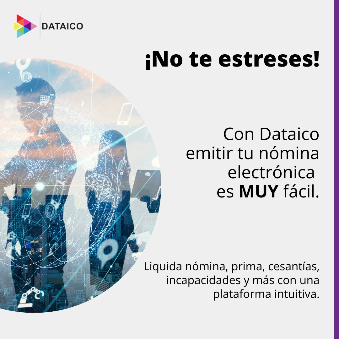 dataico_'s tweet photo. Emitir la #nominaelectronica es muy fácil cuando tienes el proveedor indicado. 🤖 Liquida cesantías, prima, incapacidades y más con una plataforma 100% intuitiva. Más info en: https://t.co/8wKLt8hZHb 📲 https://t.co/8llt0NkFT0