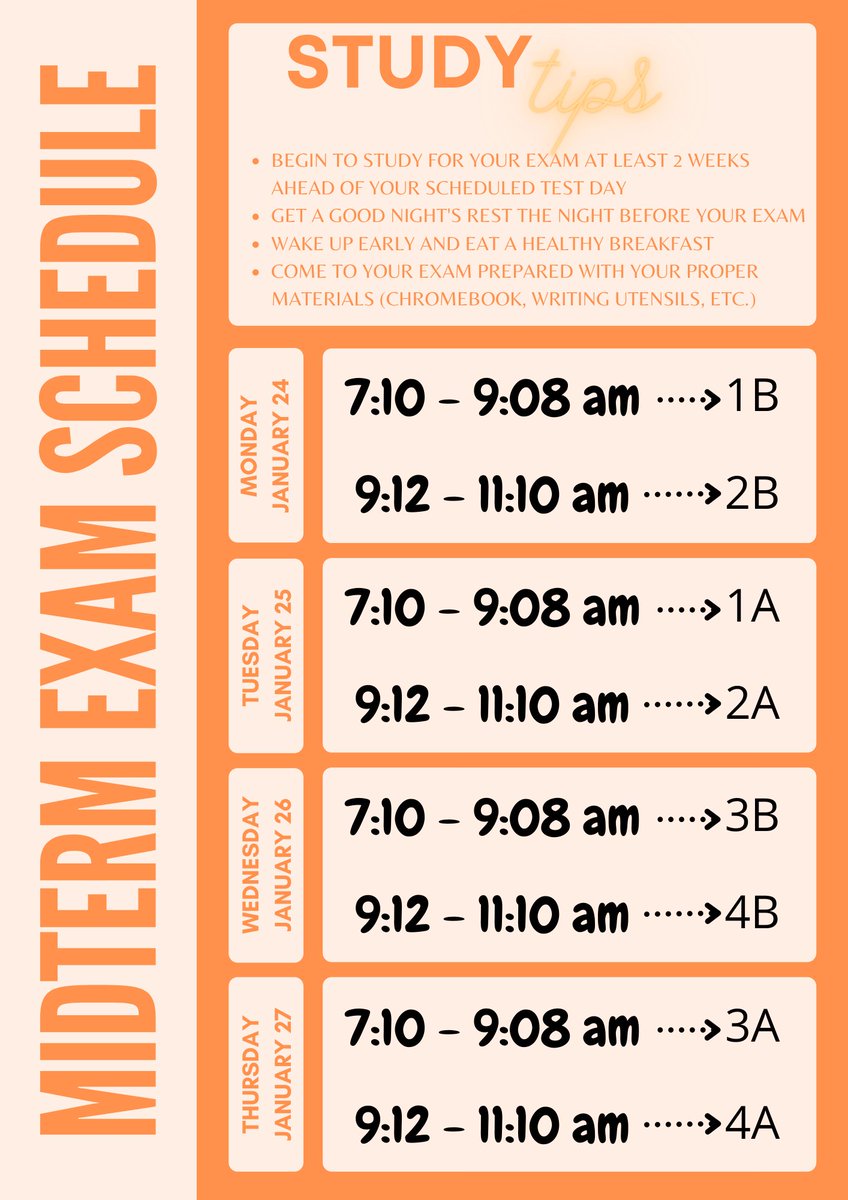 Attention BHS!  Midterms are next week.  Here is the schedule for you to follow.  If you have any questions, please reach out to one of your teachers.  Good Luck Bengals!