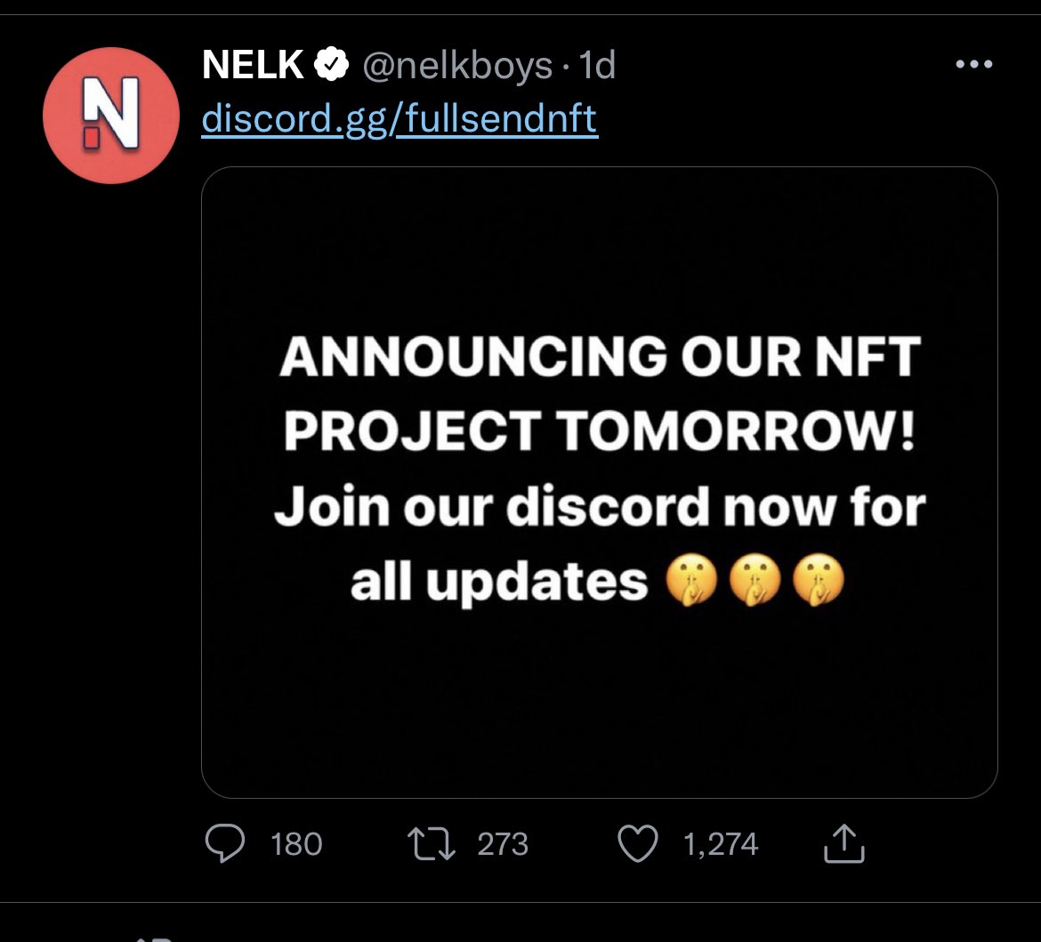 Loopify's tweet photo. Case #7263 of shady NFT launches:

- NelkBoys do podcast with GaryVee about NFTs a few days ago.
- Announce an NFT drop a few days later.
- Give shady influencers pre-mints before official launch.
- Influencers dump at launch. https://t.co/Ex6hL2xuyK