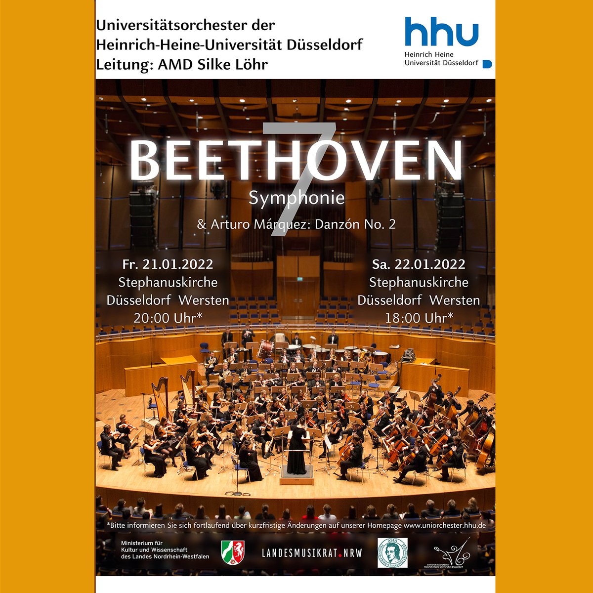 Aktuelle Winterkonzerte vom #HHU #Universitätsorchester am 21.+22.1.22.
Werke zum „Freuen und Schwelgen“ von Händel bis Marquez und Beethovens 7. Symphonie.
Teilnahme 2G-Plus (geimpft+Tagestest/genesen/Booster), Eintr. frei, Website checken!
hhu.de/news-einzelans…
#uniorchester