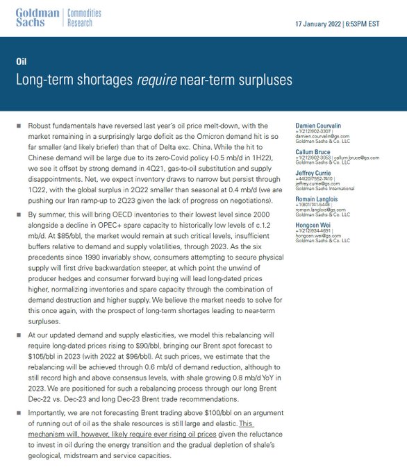 Extracto del último informe de Goldman Sachs relativo al petróleo, con fecha 17 de Enero de 2022.