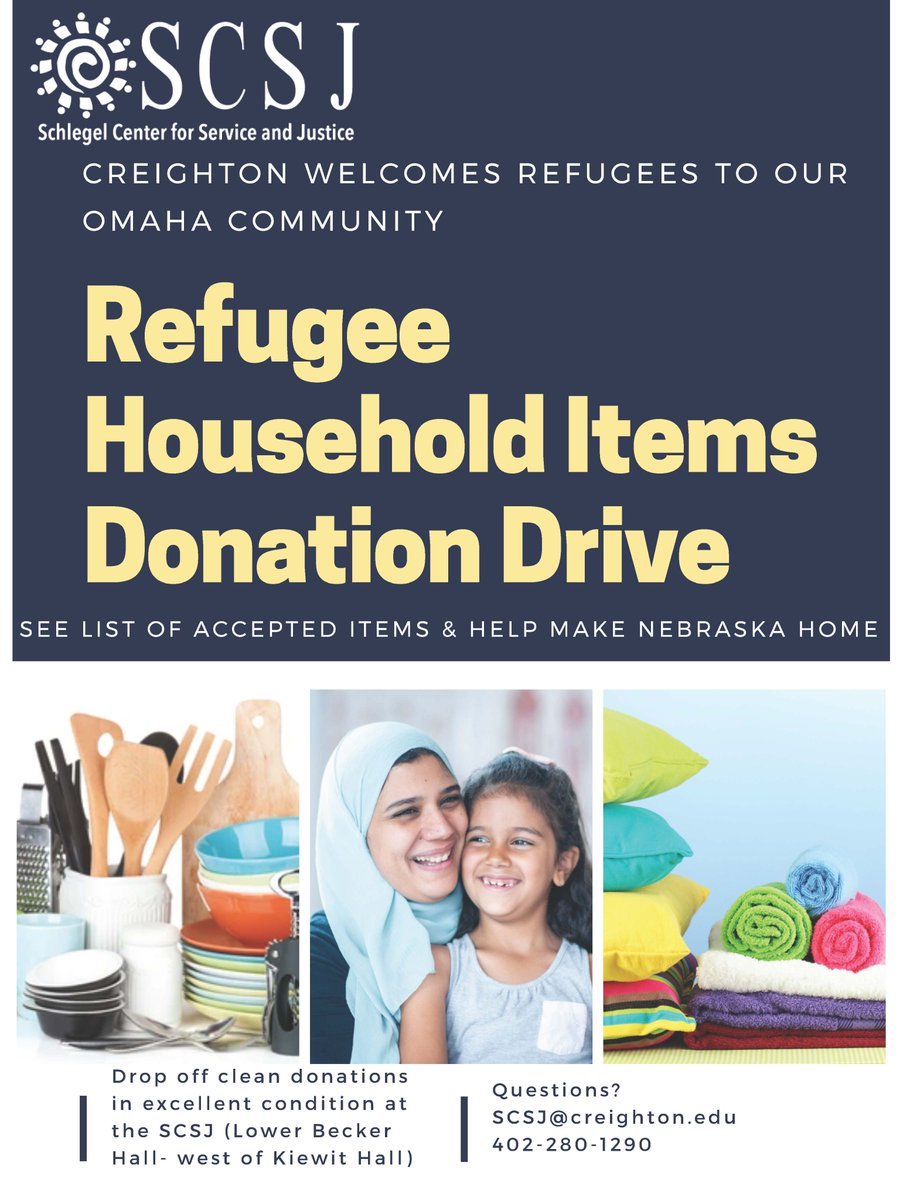 CreightonDPS's tweet photo. Almost 2,000 Afghans and refugees are expected to be resettled in Nebraska in the upcoming months. Join the @creighton_SCSJ  and @Creighton community to help provide donations of needed household items to set up first homes here in Omaha. Let’s provide a warm welcome! https://t.co/4OM0fxyvxQ