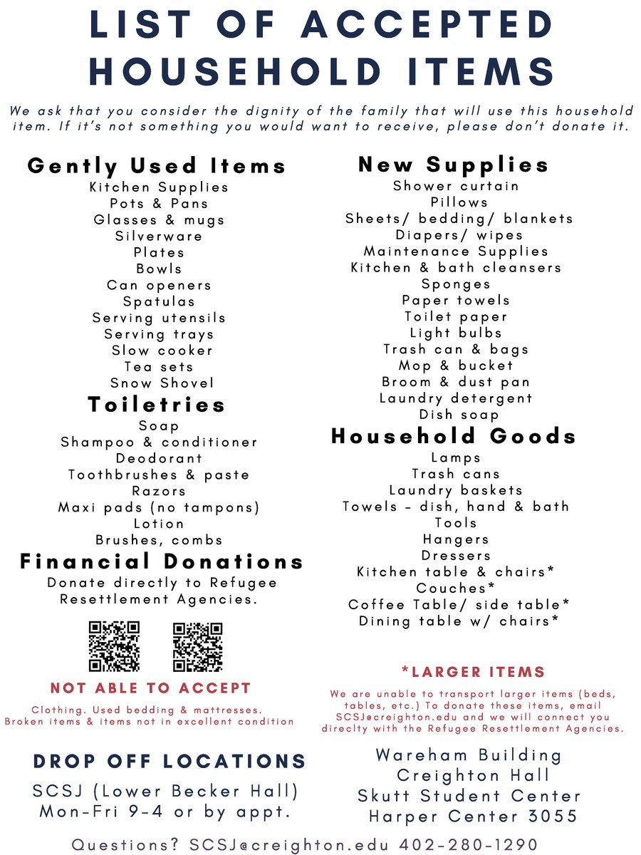 Almost 2,000 Afghans and refugees are expected to be resettled in Nebraska in the upcoming months. Join the <a href="/creighton_SCSJ/">Creighton SCSJ</a>  and <a href="/Creighton/">Creighton University</a> community to help provide donations of needed household items to set up first homes here in Omaha. Let’s provide a warm welcome!