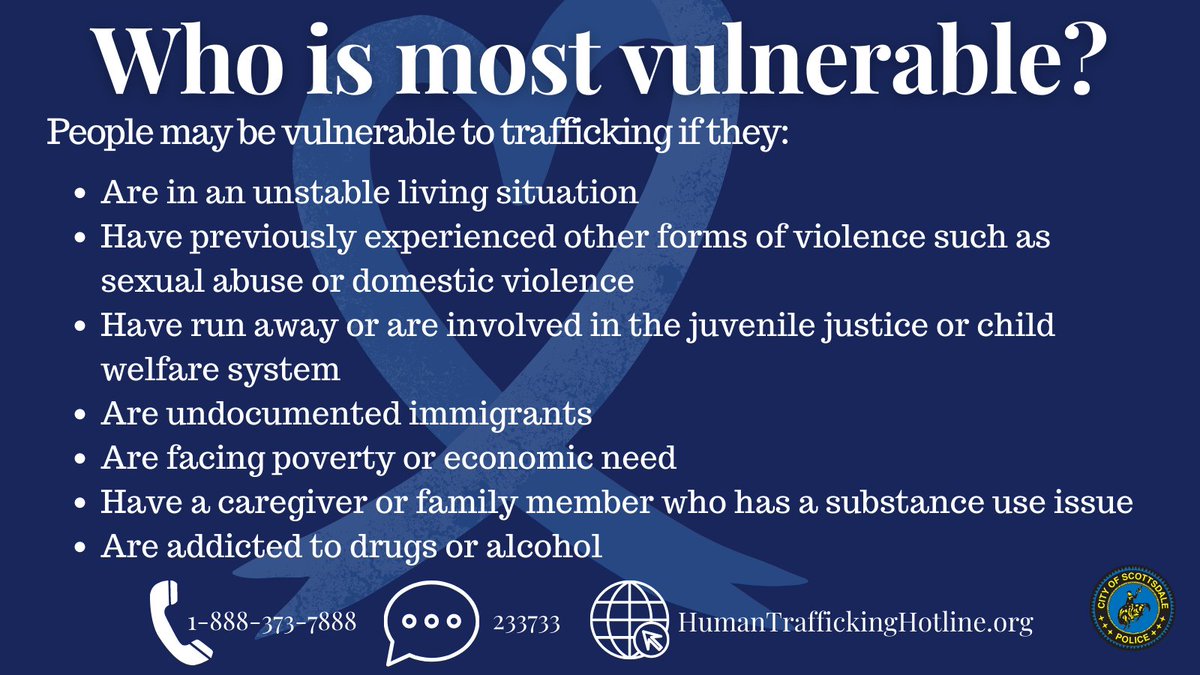ScottsdalePD's tweet photo. Human trafficking can affect anyone in any community. However, evidence suggests that traffickers recognize and take advantage of people who may be vulnerable.
#HumanTraffickingPreventionMonth #HumanTraffickingAwarenessMonth #HTAM2022 #SafelyScottsdale #ScottsdalePD #HEaT https://t.co/ij8qCImbVM