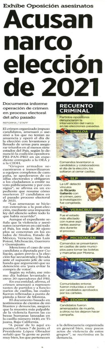 causaencomun's tweet photo. ⚠️‼️ El crimen organizado impuso candidatos, amenazó, asesinó y operó el día de la elección con levantones y llenado de urnas para asegurar triunfos en al menos siete estados, así lo denuncia un documento basado en testimonios de militantes: @Reforma

https://t.co/4odNnAWT0F https://t.co/vIYiX1UUi6
