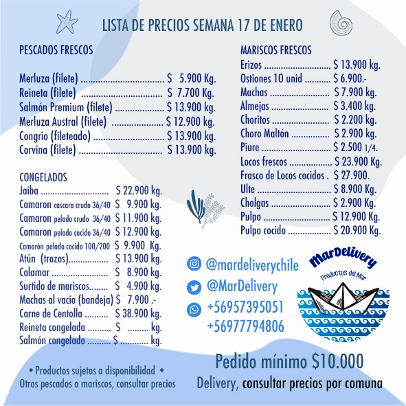 MarDelivery's tweet photo. Consulte por despachos en su comuna. Los más frescos pescados y mariscos, además de una amplia variedad de productos congelados. Directo a su mesa respetando siempre la cadena de frío con nuestros vehículos refrigerados. No espere más y haga sus consultas al +56977794806 https://t.co/QmcbBjz4Qn
