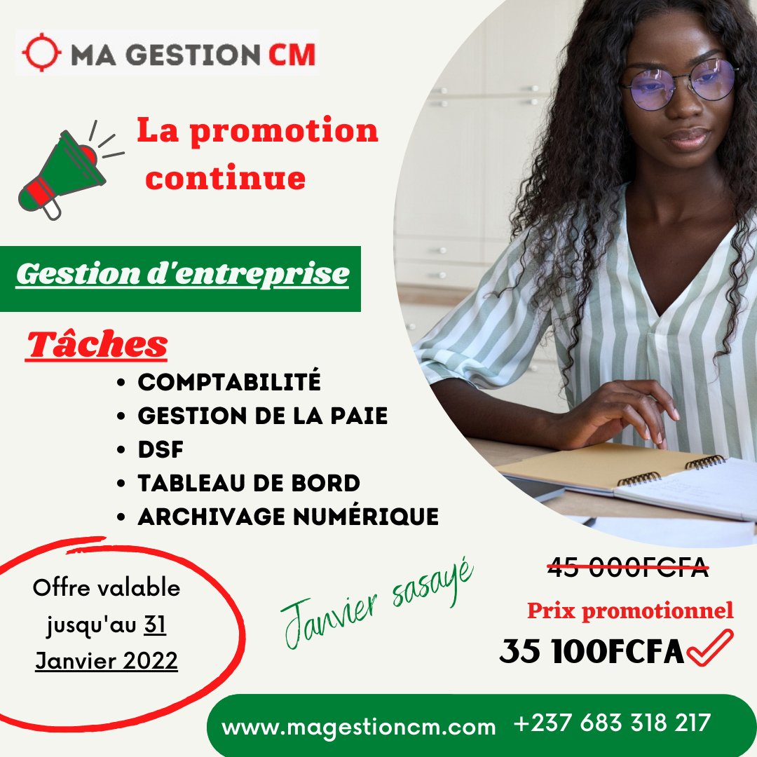 CMagestion's tweet photo. #Magestioncm assure votre gestion d'entreprise
📞Contactez nous au 683 318 217
Ne tombez pas sous le coup des pénalités, souscrivez des à présent et Magestioncm vous accompagne dans l'établissement de votre DSF de 2021
#Gestiondentreprise 
#votregestionnotrerealite https://t.co/8u2sBUXDyp