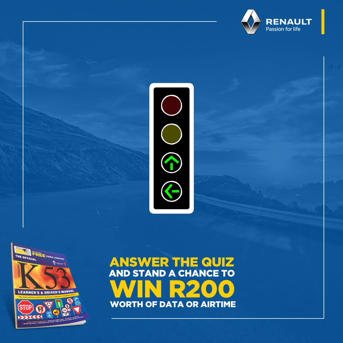 SafewaysK53's tweet image. ⚡️Retweet And Like To WIN R200 airtime!⚡️
This traffic signal indicates the following:
a) If moving straight or turning right, you may proceed
b) If moving straight or turning left, you may proceed
c) If turning right or left, you may proceed
d) None of the above