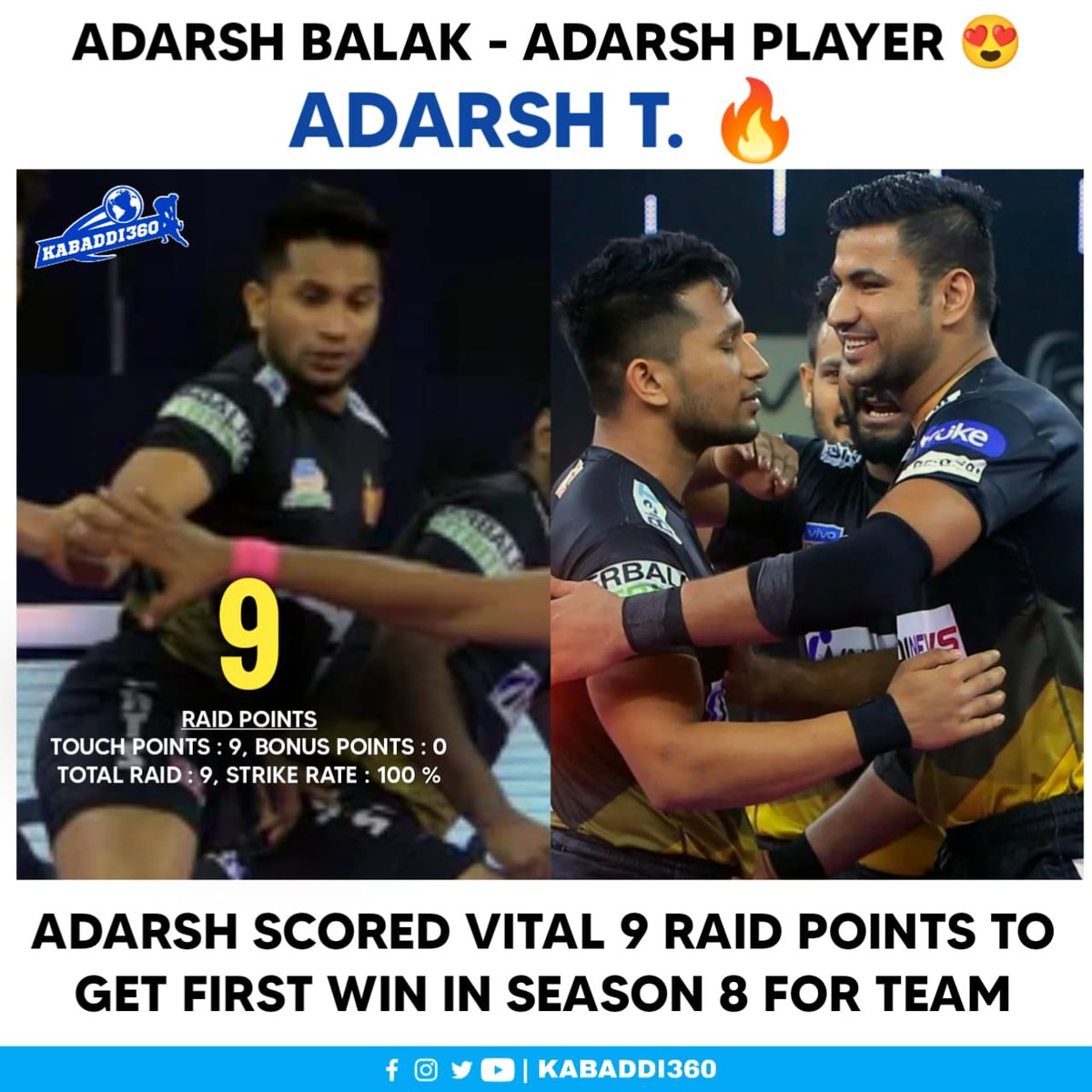 Kabaddi_360's tweet photo. Adarsh T. is becoming one of the ADARSH defender to raider in season 8
.
#adarsht
#telugutitans
#VivoProKabaddi
#Lepanga
#kabaddi360 https://t.co/DKSXQ0vCt5