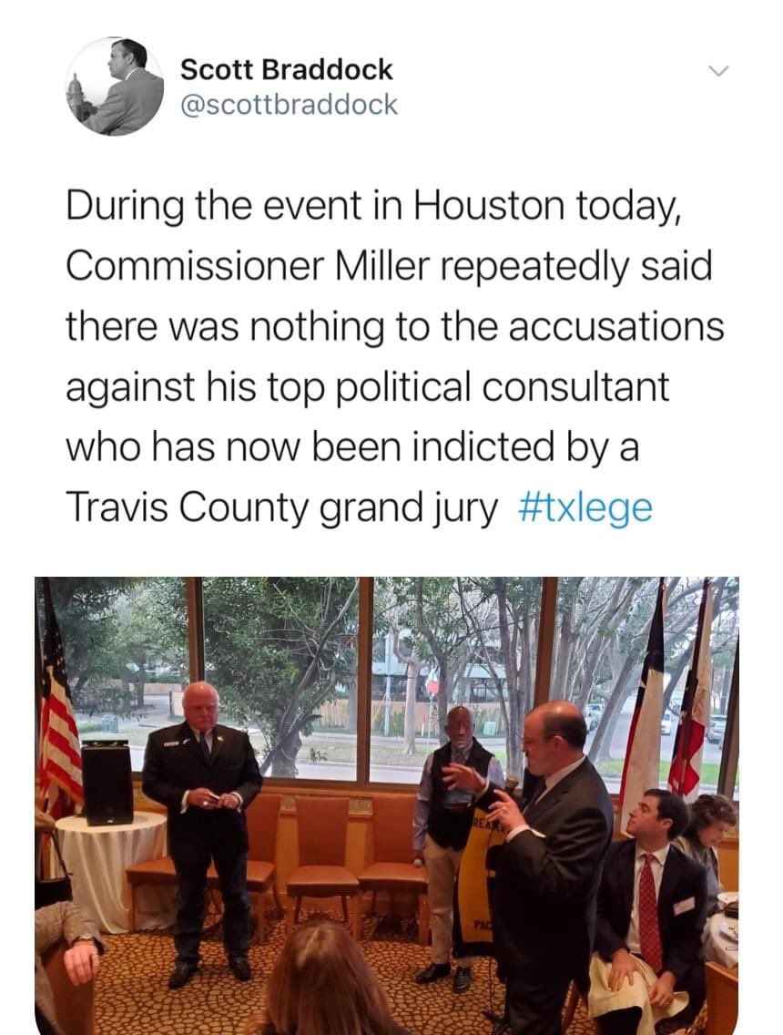 James_E_White's tweet image. Yesterday, Sid Miller denied his campaign consultant had anything to do with a scheme to shake down Texas farmers seeking licenses at the @TexasDeptofAg. Just hours later, it was revealed he had been indicted. Join me - let’s restore integrity to this agency! #txag #txlege