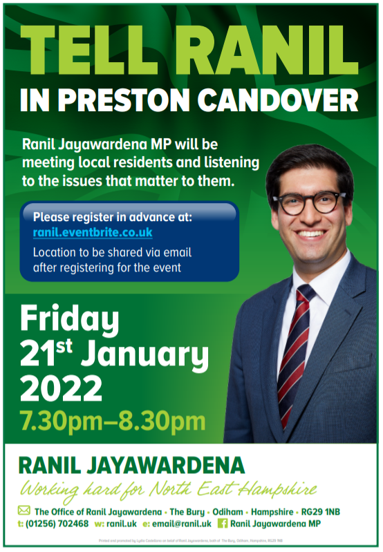 🗣️ TELL RANIL

📅 This Friday at 7.30pm, I’ll be in Preston Candover to take questions as your MP.

👉 Register for details at: ranil.eventbrite.co.uk

#PrestonCandover #Candovers #Hampshire #NorthEastHampshire