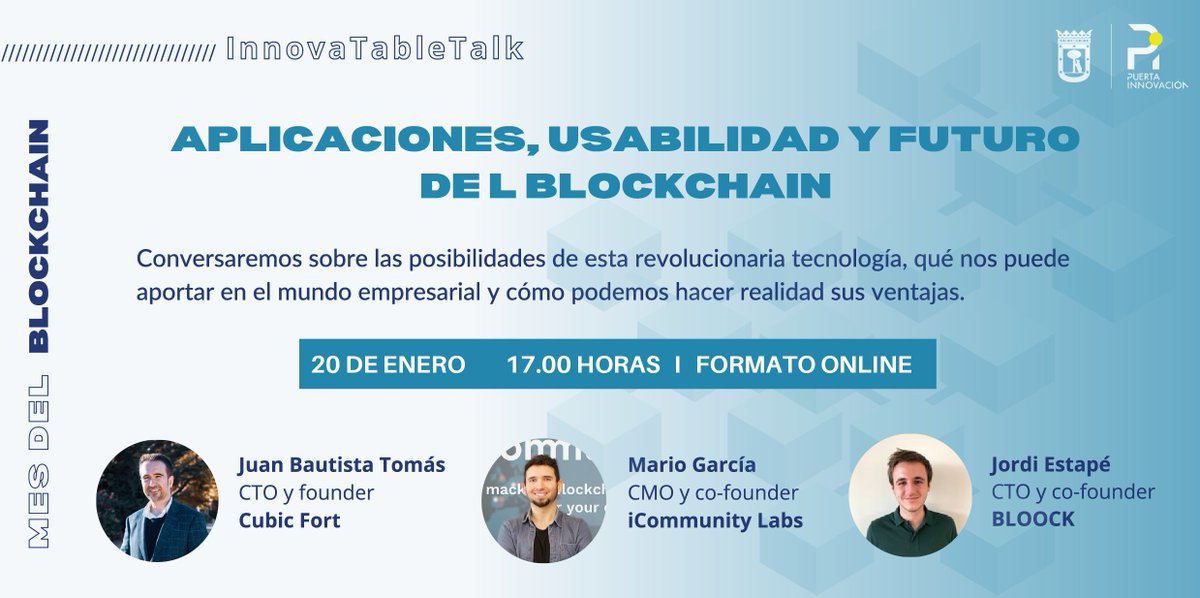 madridinnova's tweet photo. ¡Continúa el mes del #blockchain en 
@Puerta_Inno! Mañana 20 de enero infórmate sobre aplicaciones, usabilidad y futuro del blockchain con 
@juanba1984, Mario García (@iCommunity_io), y @jordiestape46 (@bloocktech).
Inscríbete en: https://t.co/uOUZ90Zrur
#madrid #innovación #tech https://t.co/eKVW9FEXCE
