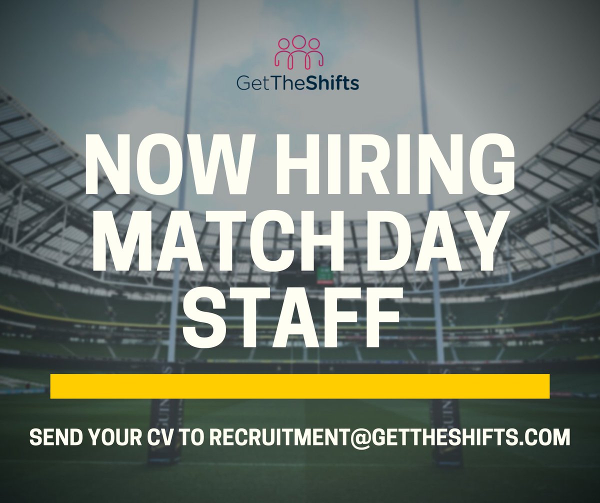 The kick-off countdown is on! 🏟

We're #hiring upbeat & energetic staff to work at the upcoming matches (in Munster & Dublin)! Shifts available:
🏉 Bar staff
🏉 Event Stewards
🏉 Supervisors

For more info & to apply, email recruitment@gettheshifts.com

#dublinjobs #limerickjobs