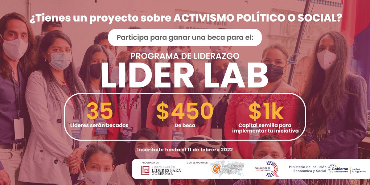 DHumanoEc's tweet photo. ¿Eres un joven líder activista entre 22 y 34 años con una iniciativa para tu comunidad o país?🗣🇪🇨
Te estamos buscando.
Aplica al programa #LiderLabJuvenil y participa por una beca del 100% para formarte como agente de cambio.
Inscripciones hasta 11/feb: https://t.co/EKymChJwvi https://t.co/omNC7axxcL