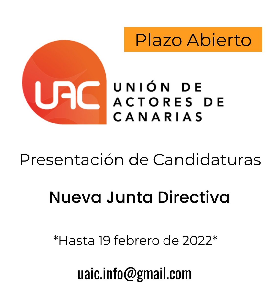UACanarias's tweet photo. ATENCIÓN: Se abre periodo de presentación de candidaturas para la dirección de la UAC durante los próximos cuatro años 2022-2026.
⏳un mes para presentar candidatura o plataforma
📧 uaic.info@gmail.com
☎️ 647 000 511 https://t.co/WUfqDb5tzu