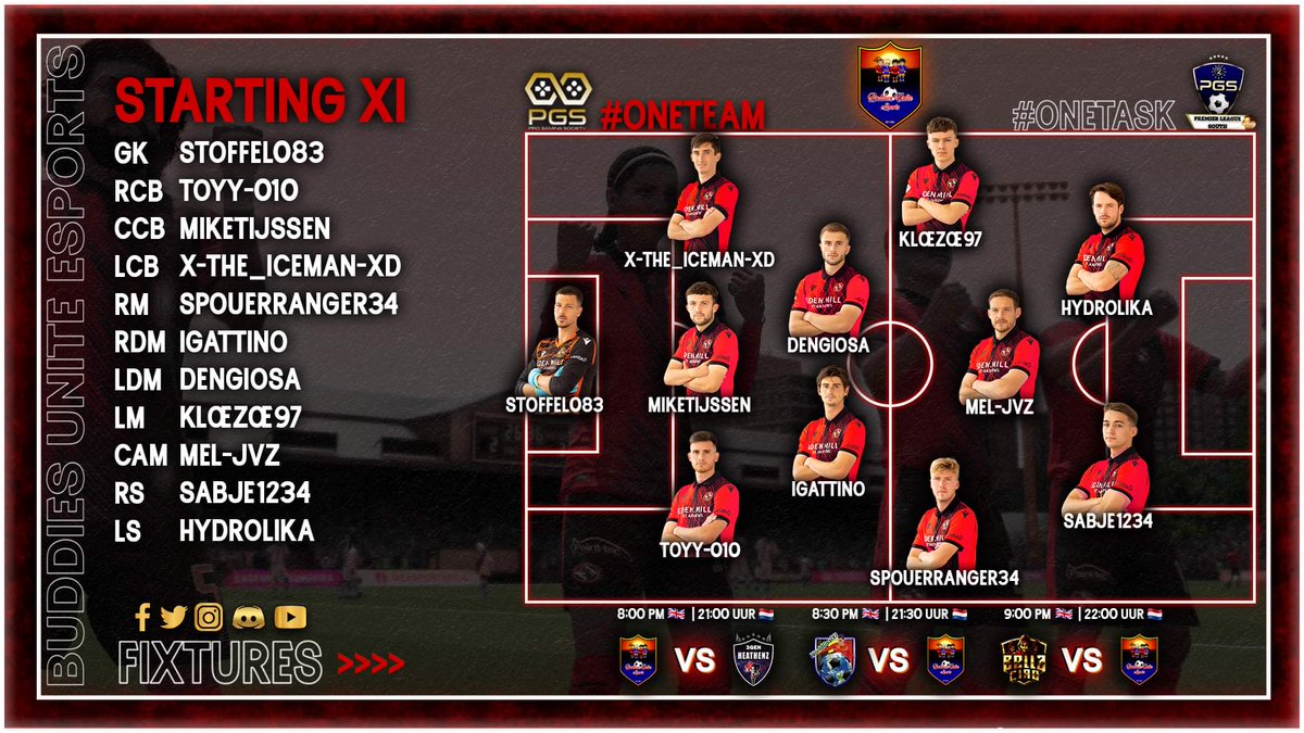 BuddiesXI's tweet photo. 🔷️| Buddies Unite eSports |🔶️

🚨| Matchday 

🏆| PGS Europe PremierLeague South🇪🇺

🎮| Line-Up &amp; Fixtures |📋👇

📽| Live on Youtube: Buddies Unite eSports
⌚| 8.00 PM 🇬🇧 | 21.00 UUR 🇳🇱

@_Official_PGS

C'mon Buddies!💪⚽️

#BUDDIES #PROCLUBS #FIFA22 #PS4 https://t.co/9260HfP2o5