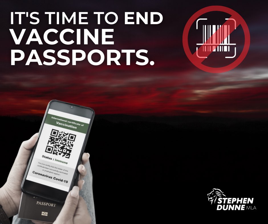 StephenDunneMLA's tweet photo. 𝗧𝗶𝗺𝗲 𝘁𝗼 𝗲𝗻𝗱 𝗩𝗮𝗰𝗰𝗶𝗻𝗲 𝗣𝗮𝘀𝘀𝗽𝗼𝗿𝘁𝘀!📲⛔️
We opposed their introduction as they would have little or no impact on reducing the spread of Covid, &amp; the evidence now backs this up. They continue to greatly damage local businesses &amp; it’s time they were scrapped! https://t.co/r2C00sOxyX
