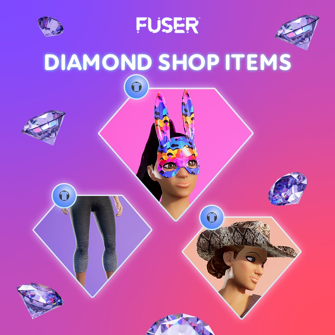 FUSERgame_ES's tweet photo. No tienes que ponerte estos 3 objetos cosméticos a la vez, ¡pero te garantizamos que despertarás el interés del público! Pásate ya por la Diamond Shop:

🆕 Reactive Glow Rabbit Mask
🆕 Black Fade Short Tights
Snakeskin Cowboy Hat https://t.co/Q0BhWexNSP
