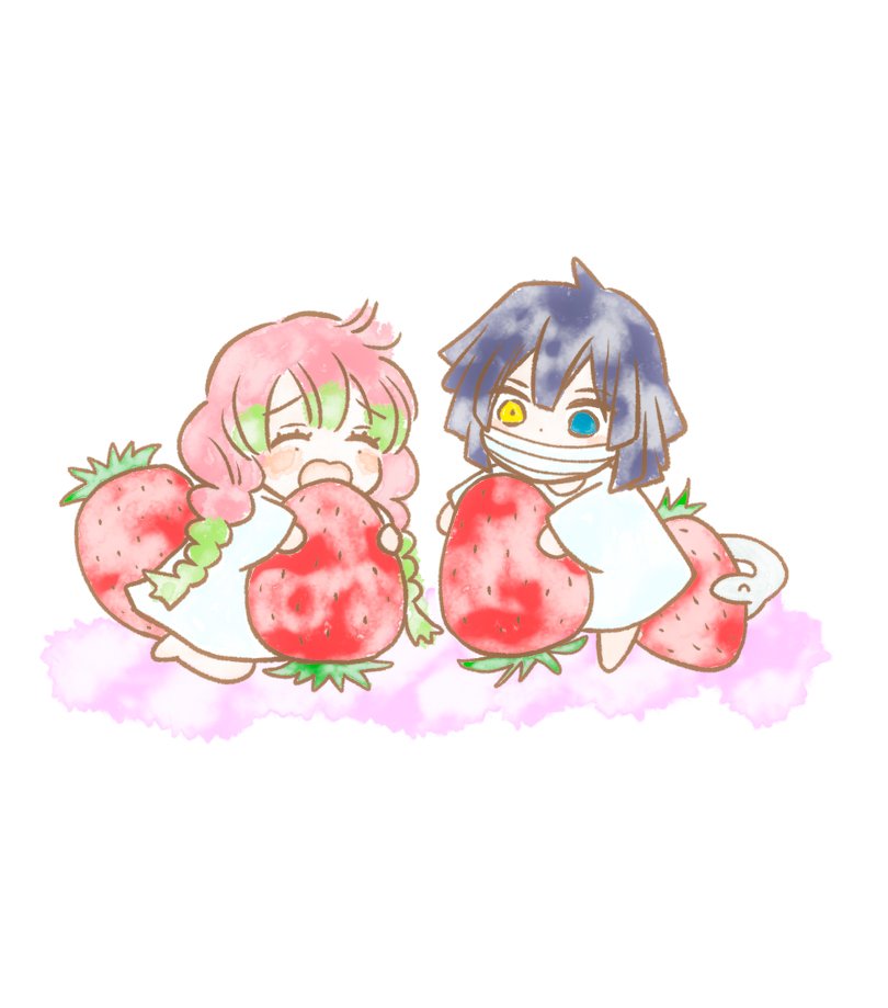 kanroji mitsuri 1girl 1boy food pink hair heterochromia fruit strawberry  illustration images