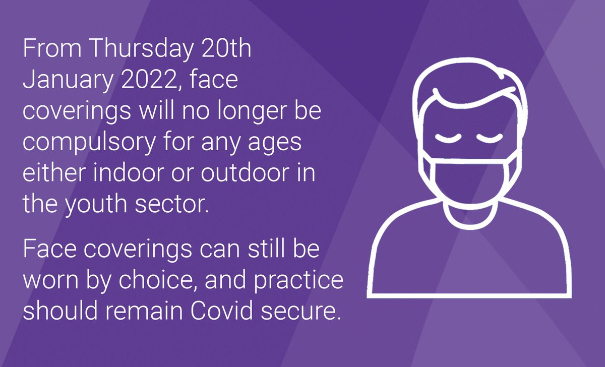 🚨Youth Sector Update🚨

We can confirm that from Thurs 20th Jan, face coverings are no longer compulsory in the youth sector for any ages, in any setting.

They can still be worn by choice and practice should remain Covid secure.
A full further guidance update to follow soon.