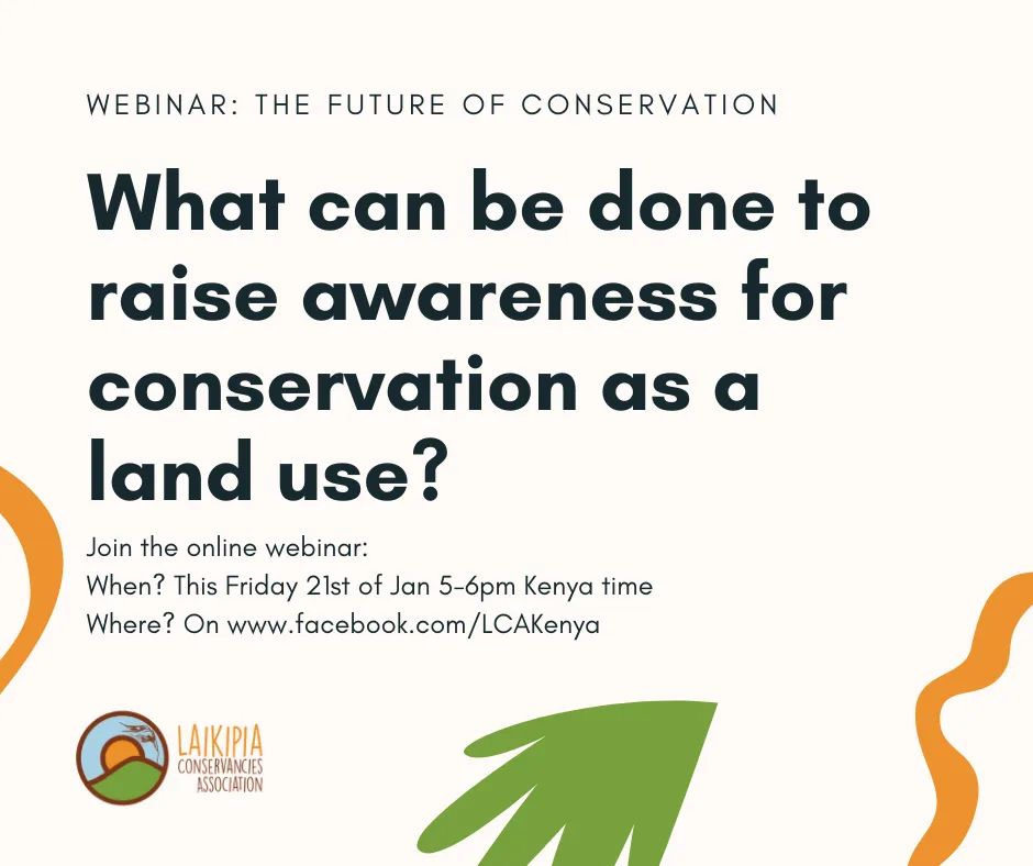 What is the future of conservation? 

Let's discuss and how can the young people be part of this? 

Join #LaikipiaConservanciesAssociation for an online webinar.
#Conservancies. 
 
<a href="/SaveMotherNatu2/">Save Mother Nature</a> <a href="/KWCAKenya/">Kenya Conservancies</a> <a href="/Nature_Africa/">The Nature Conservancy in Africa</a> <a href="/anitasoina/">Anita Soina</a>
