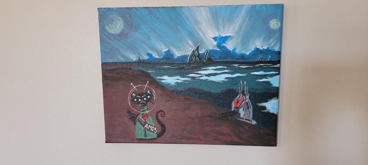 RichBaldi's tweet image. Amazingly cool painting my gf, my fellow The Expanse fan aka #ScreamingFirehawk made for my Xmas present.  A twist on #AtomicCat or #AtomicKitty, I present #ExpanseKitty #Rocinante #amosburton @weschatham @TheExpanseWR @JamesSACorey