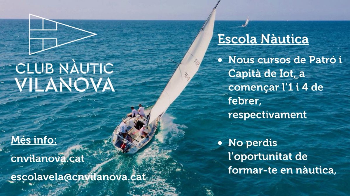 Club Nàutic Vilanova (@nauticvilanova) on Twitter photo L'Escola Nàutica del <a href="/NauticVilanova/">Club Nàutic Vilanova</a> inicia els dies 1 i 4 de febrer nous cursos de Patró i Capità de Iot. Més informació a shorturl.at/chuS7 <a href="/vela_cat/">Federació Catalana de Vela</a> <a href="/PortsCatalunya/">Ports de Catalunya</a> <a href="/portsgencat/">Ports de la Generalitat</a> <a href="/ajuntamentvng/">Vilanova i la Geltrú</a> <a href="/VilanovaTurisme/">VilanovaTurisme</a> <a href="/esportcat/">Esports</a> L'Escola Nàutica del <a href="/NauticVilanova/">Club Nàutic Vilanova</a> inicia els dies 1 i 4 de febrer nous cursos de Patró i Capità de Iot. Més informació a shorturl.at/chuS7 <a href="/vela_cat/">Federació Catalana de Vela</a> <a href="/PortsCatalunya/">Ports de Catalunya</a> <a href="/portsgencat/">Ports de la Generalitat</a> <a href="/ajuntamentvng/">Vilanova i la Geltrú</a> <a href="/VilanovaTurisme/">VilanovaTurisme</a> <a href="/esportcat/">Esports</a>