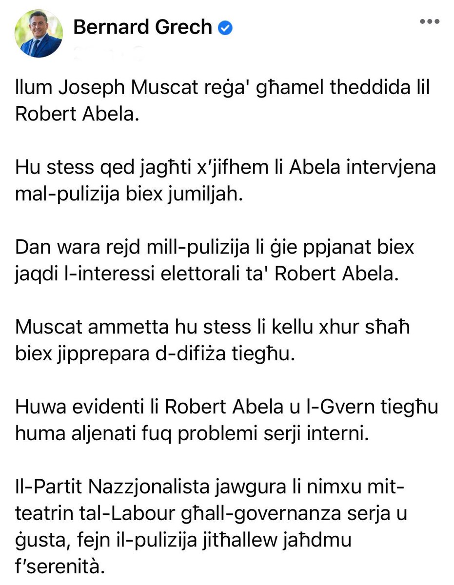 bernardgrechmt's tweet photo. More than ever, Malta needs a serious and fair government that can let the police work serenely - not more Labour theatrics. https://t.co/Y2fwoytayR