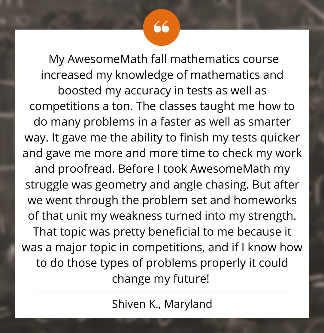 AwesomeMathxyz's tweet photo. There is still time to enroll in the spring semester of the AwesomeMath Academy! Hear from more of our Academy students at https://t.co/RktAfHCwgS. https://t.co/4RLoTaTJmj
