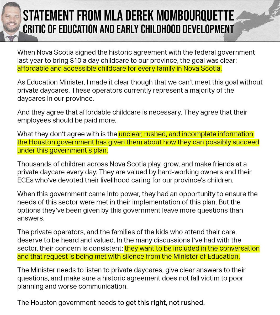 Our Critic for Education and Early Childhood Development @MombourquetteNS has put out a statement regarding the Houston government’s handling of the childcare deal and private daycares.