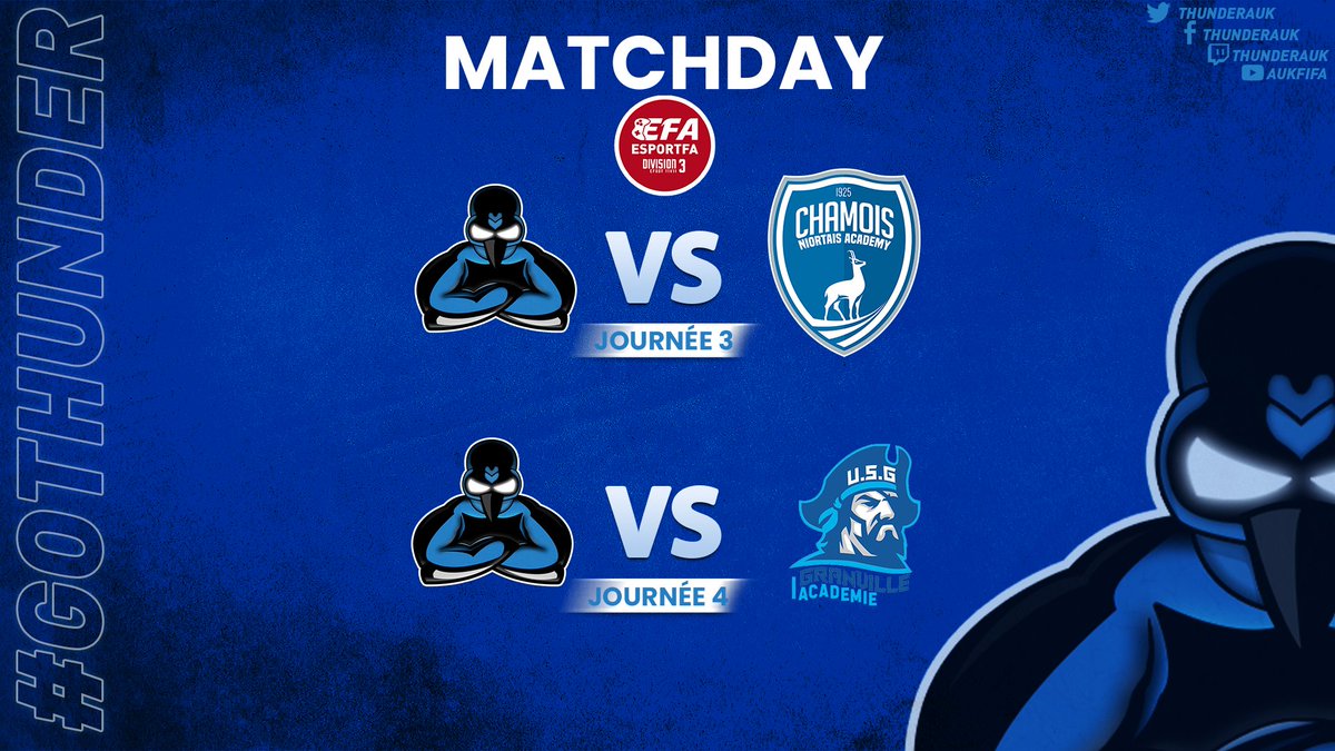 💥 MatchDay 
📅 JEUDI 20/01

🏆 ╏ <a href="/eSportFA_FR/">ESPORT FOR ASSOCIATIONS</a> Division 3 ⚽

🆚 ╏ <a href="/ChamoisNiortCP/">Chamois Niortais Esport</a>  ✈
⏲️ ╏ 22h20

🆚 ╏ <a href="/USG_eSport/">US Granville eSport</a>   ✈
⏲️ ╏ 22h40

#ESPORTFA22