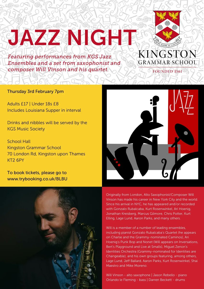 KGS1561's tweet photo. #KGSMusic🎶
Join us &amp; @KGS_MusicDept on Thursday 3 February for an evening of live #jazz featuring performances from our KGS Jazz Ensembles &amp; a set from #saxophonist &amp; #composer Will Vinson &amp; his quartet. 
Book your tickets here➡️ https://t.co/7cgSFjWeLe ThisIsKGS https://t.co/bVx8NIGkuI