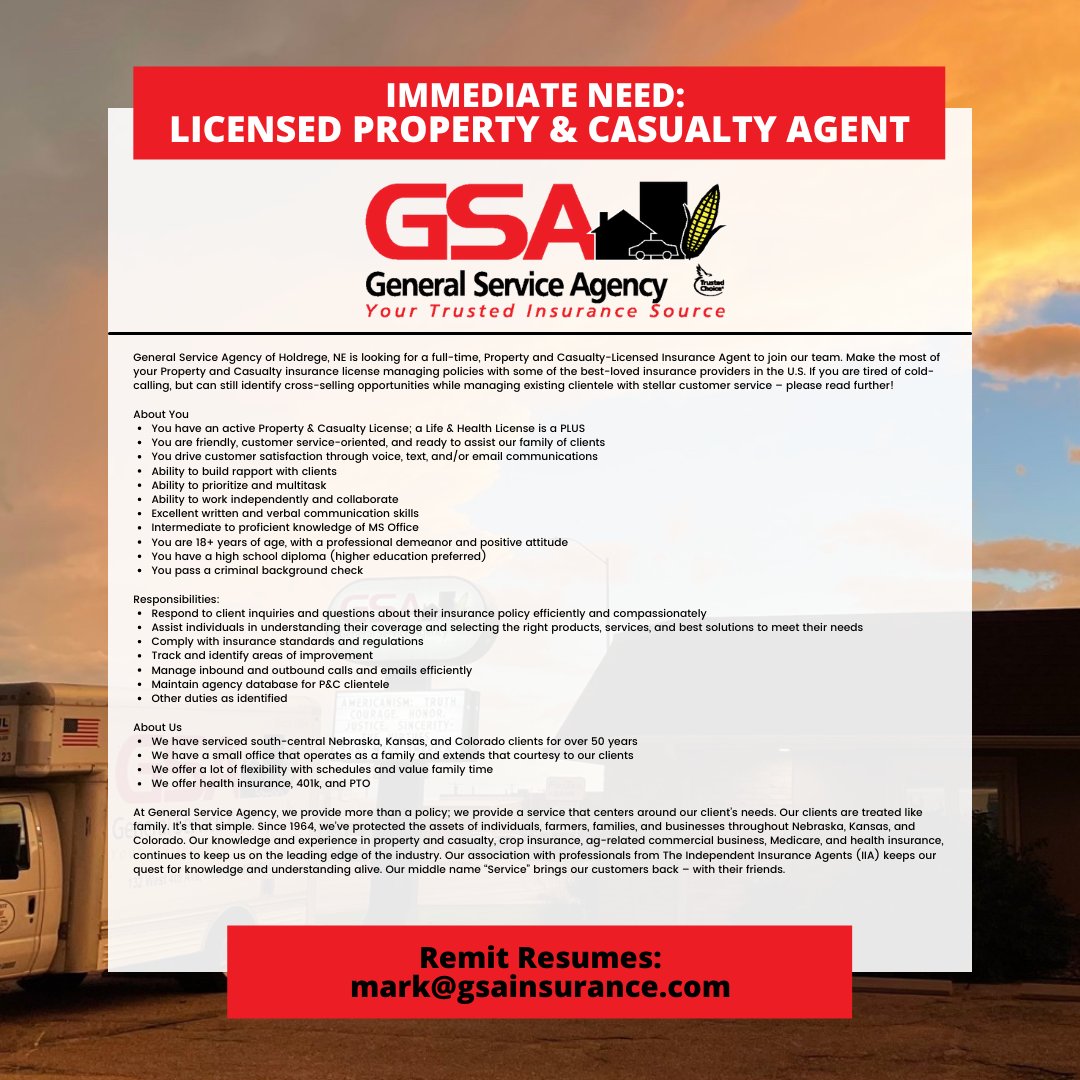 GsaInsurance's tweet photo. Join an AMAZING team!  #HiringNow #insuranceisfun #Holdrege #generalserviceagency https://t.co/8KmgsgnbDS