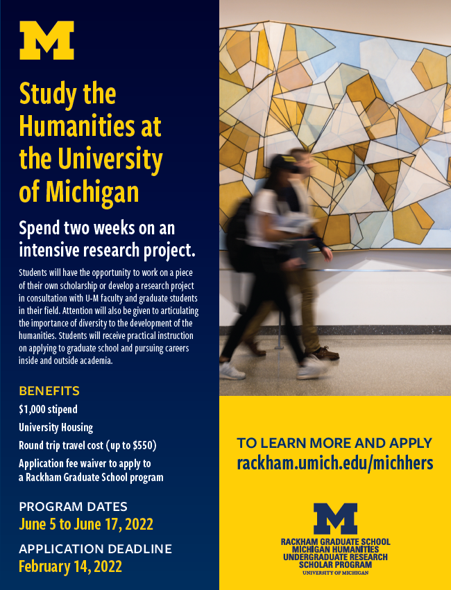 UPDATED DEADLINE: now due February 14th, 2022, rackham.umich.edu/michhers

Prospective PhD students in #Classics are invited to apply for the Michigan Humanities Emerging Research Scholars (#MICHHERS) program, offering students opportunities to conduct research w/ UM faculty!