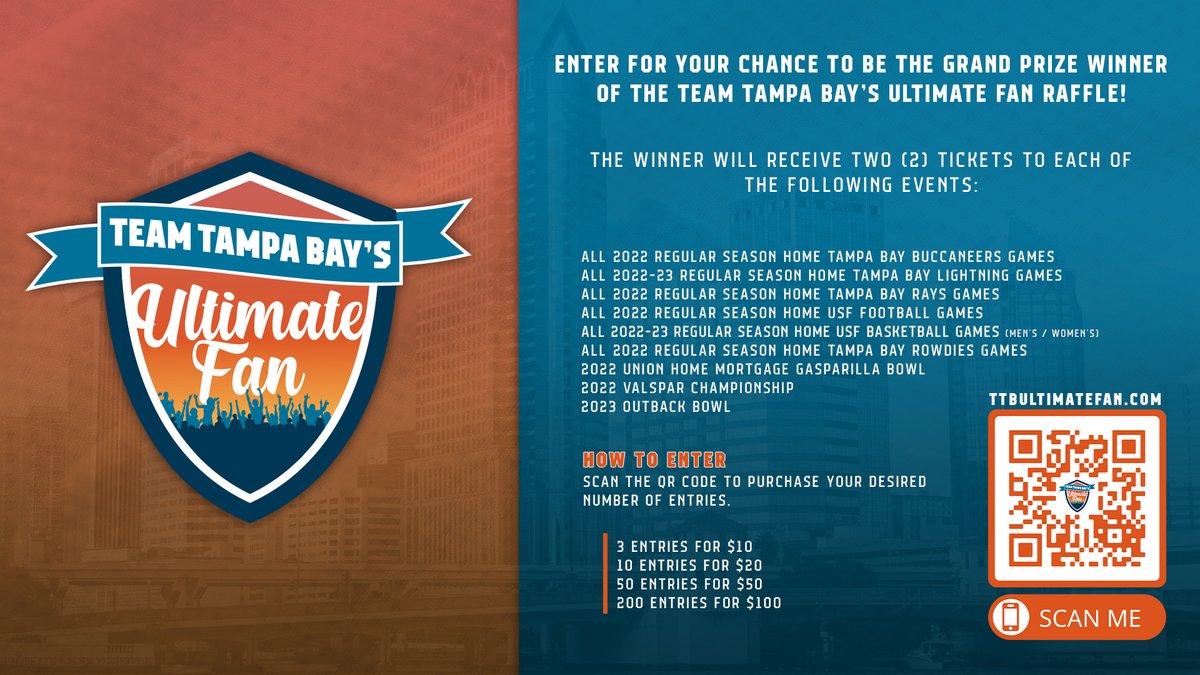 SportsTampaBay's tweet photo. The Team Tampa Bay Ultimate Fan Raffle will award one lucky fan two (2) tickets to 200+ sporting events right here in #ChampaBay! Don't miss out on your chance to be named the "Ultimate Fan"! Proceeds benefit local youth sports programming.

Purchase ➡️ https://t.co/MiwLZDwYa1 https://t.co/ub5G1IpQW8