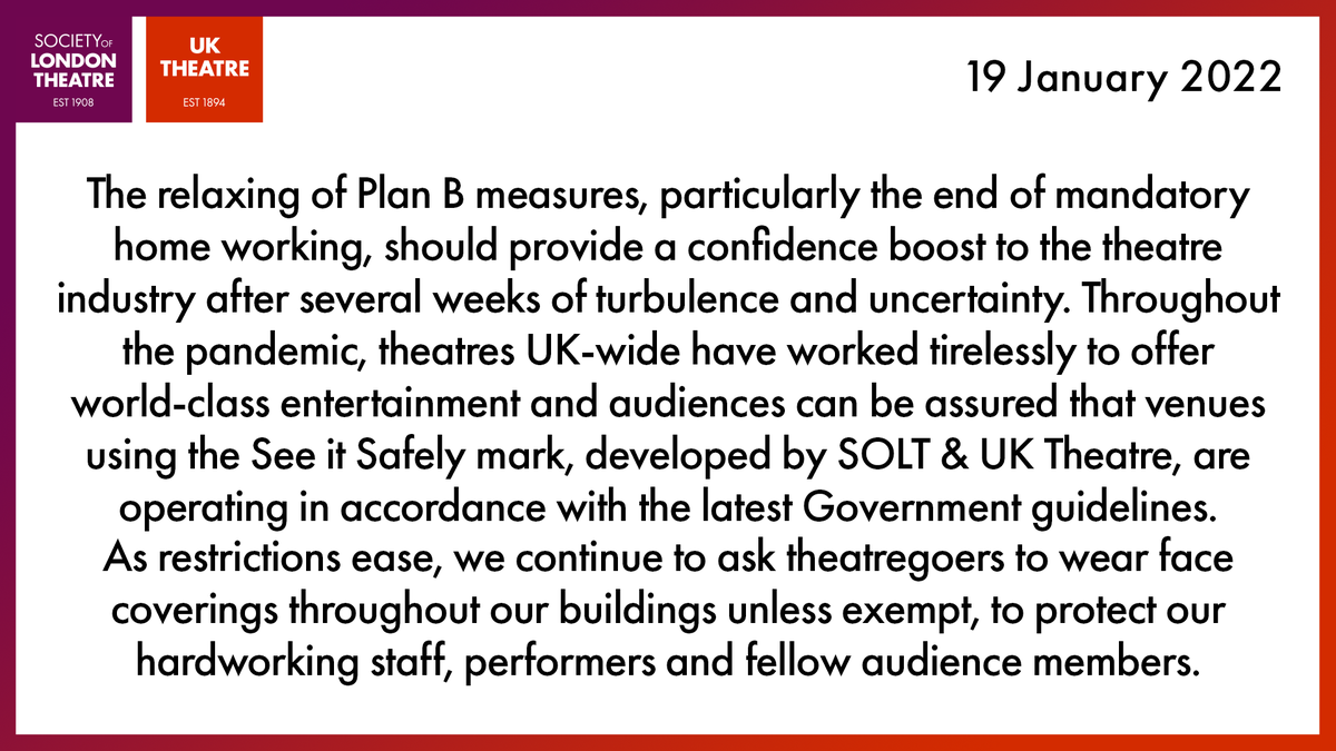 uk_theatre's tweet photo. Following the government's decision to return to Plan A Covid measures, here is a statement from @SOLTnews and @uk_theatre: https://t.co/JPBjoEjezN https://t.co/ji26HnFGFf
