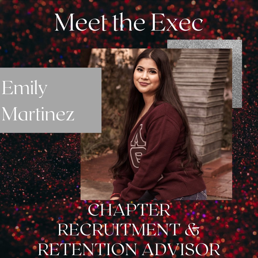 Introducing our Spring 2022 Executive Board! 🌙

Meet our Chapter Recruitment and Retention Advisor Emily Martinez! Check out our insta story to learn more about her! ❤️