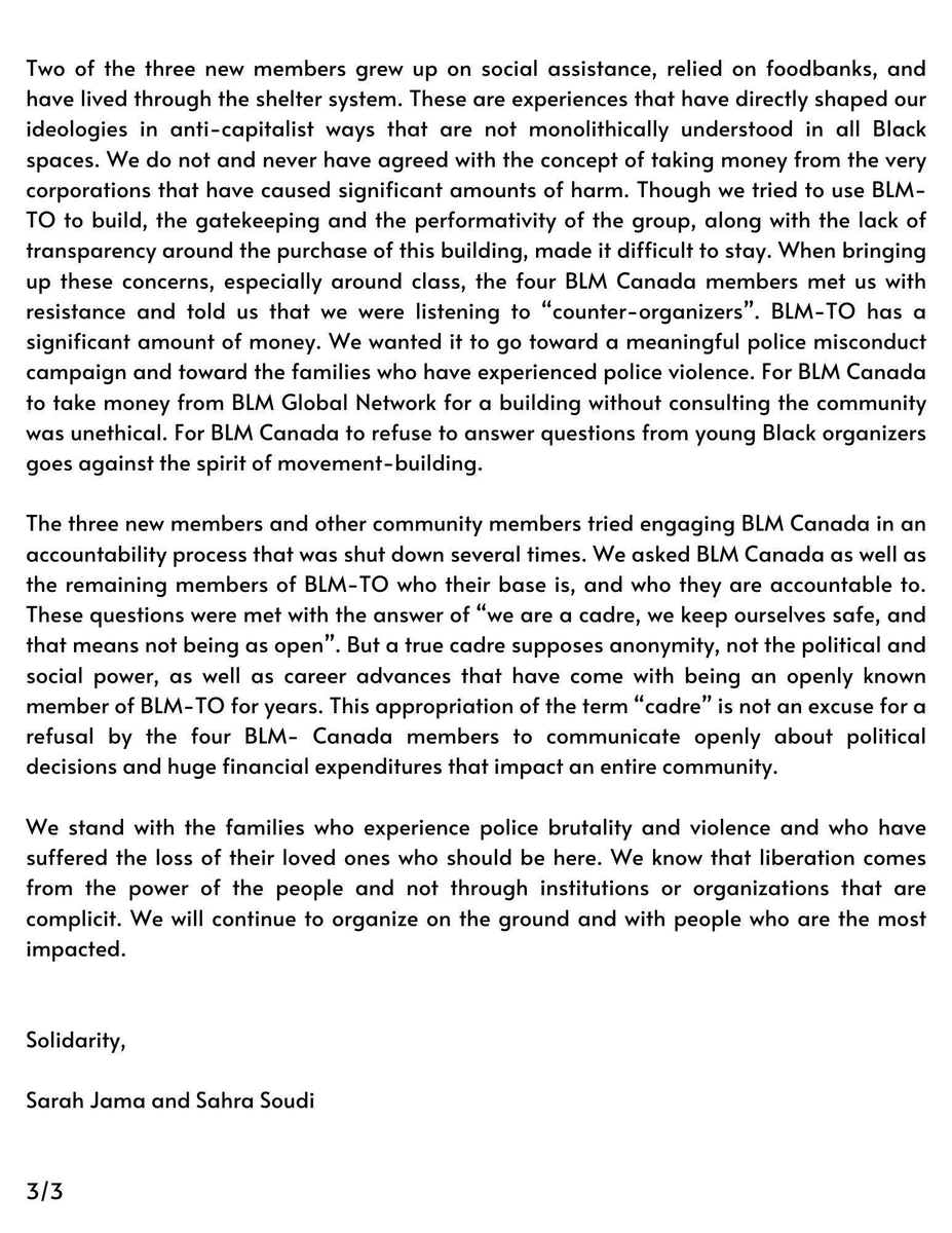 SarahJama_'s tweet photo. Here is our statement on why we left BLMTO, @bolshevikbaddie  "After over a year of struggling within @BLM_TO to improve internal processes, we left the group when, like many other people, we found out about @blmcanada_  $8 million dollar purchase of the @WildseedCentre_ " https://t.co/p6ayoSztLY