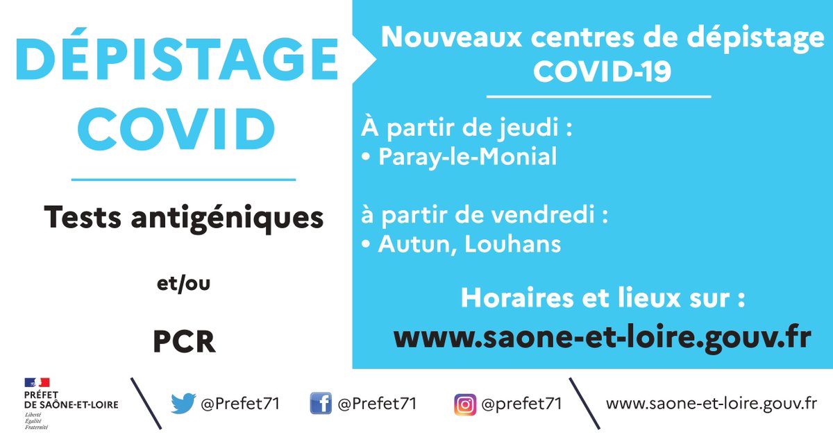 #COVID19  #Dépistage
Afin de faciliter l’accès aux tests contre la #COVID19, les communes de Paray-le-Monial, Autun et Louhans, en coopération avec @ARSBFC, vont ouvrir de nouveaux centres de dépistage de la #COVID19 à proximité des centres de vaccination et sans rendez-vous ⤵️