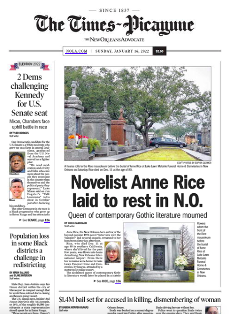 TEGPR's tweet photo. Shout-out to the TEG team members for their diligent media efforts in coordinating news coverage and family interviews to highlight the life and death of New Orleans' famed author #AnneRice as she was laid to rest this past wknd. #FrontPageNews #NOLAPR #GulfSouthPR https://t.co/88FxJUw9fX