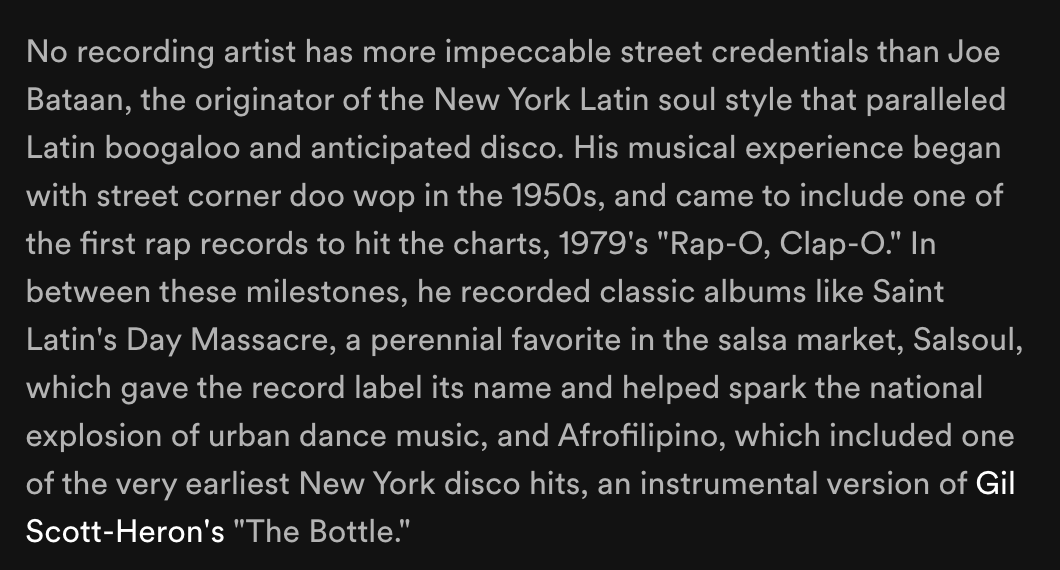 Today's musical discovery: Joe Bataan. Created hybrids of music in the 60s/70s that fused soul, latin, &amp; funk. 

Just one of those artists you listen to, read about, and ask "how on earth have I never heard of this person?" 

Start with "gypsy woman"... it'll make you laugh