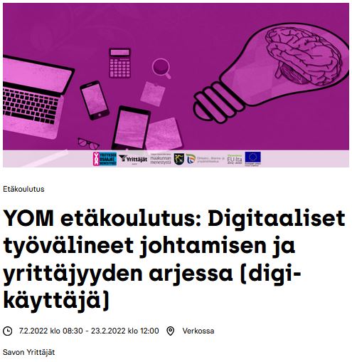 Nyt on hieno koulutus tarjolla ajankohtaisista aiheista mm #digiosaaminen #etäjohtaminen #etätyö #yhteisöllisyys #hyvinvointi #yrittäjät. Kiitos <a href="/savonyrittajat/">Savon Yrittäjät</a>, kun tarjoatte Pohjois-Savon pk-yrityksille tällaista #YOM-palvelua johdolle ja henkilöstölle. yrittajat.fi/tapahtumat/yom…