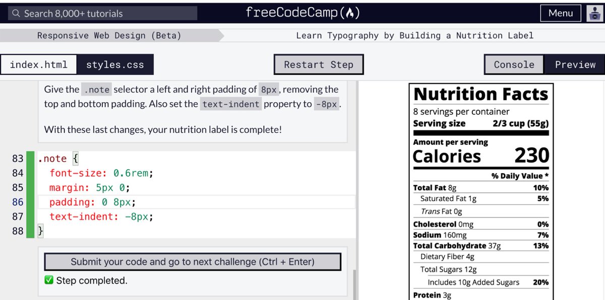 Milla_iscoding's tweet photo. Day 9 of #100daysofcode: Learned how to style text, adjust line height, and position by building a Nutrition Label.

#css #codenewbie #100devs https://t.co/VmMNAEVT27
