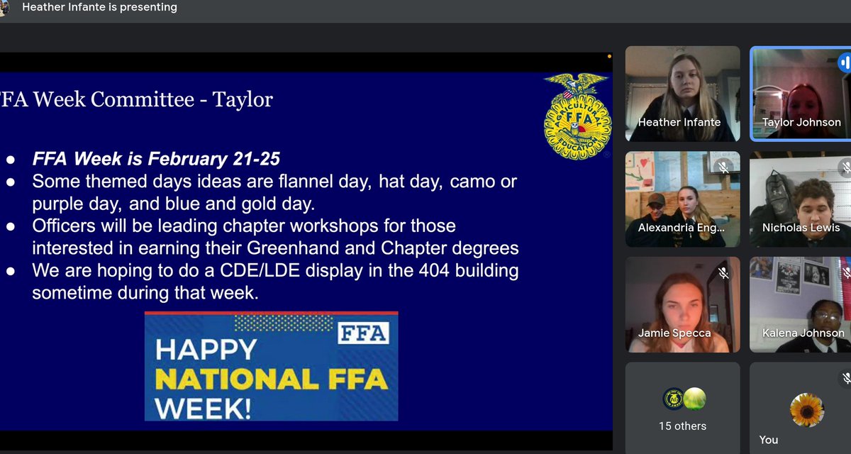 NBC_FFA's tweet photo. A virtual chapter meeting was held today!  @NJFFA Secretary Emily Sadlon highlighted her trip to California to see different Ag enterprises. Officers discussed FFA Degrees, FFA Week and upcoming CDE's!  #livingtolearn #learningtodo #NBNation @NBHSActivities @EmerMatt @nbcsuper https://t.co/LknEP0nt9O